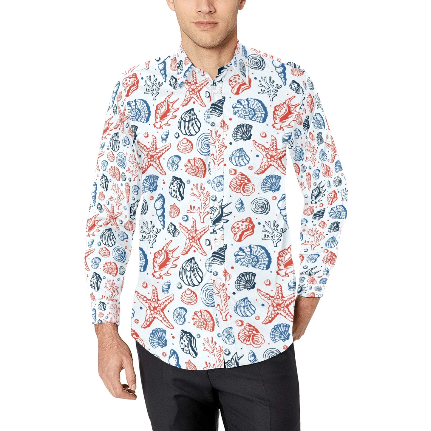 Seashell Print Design LKS307 Men's Long Sleeve Dress Shirt