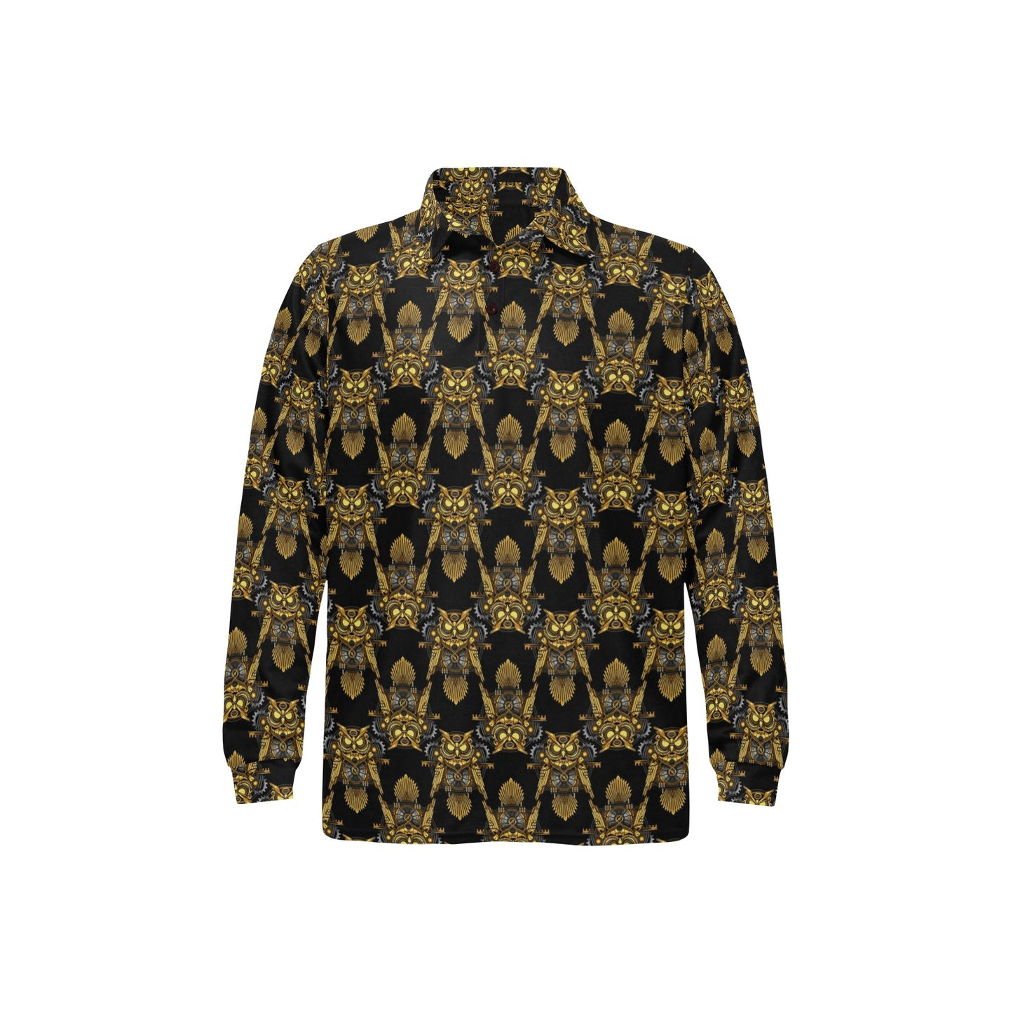 Steampunk Gold Owl Design Themed Print Long Sleeve Polo Shirt For Men's