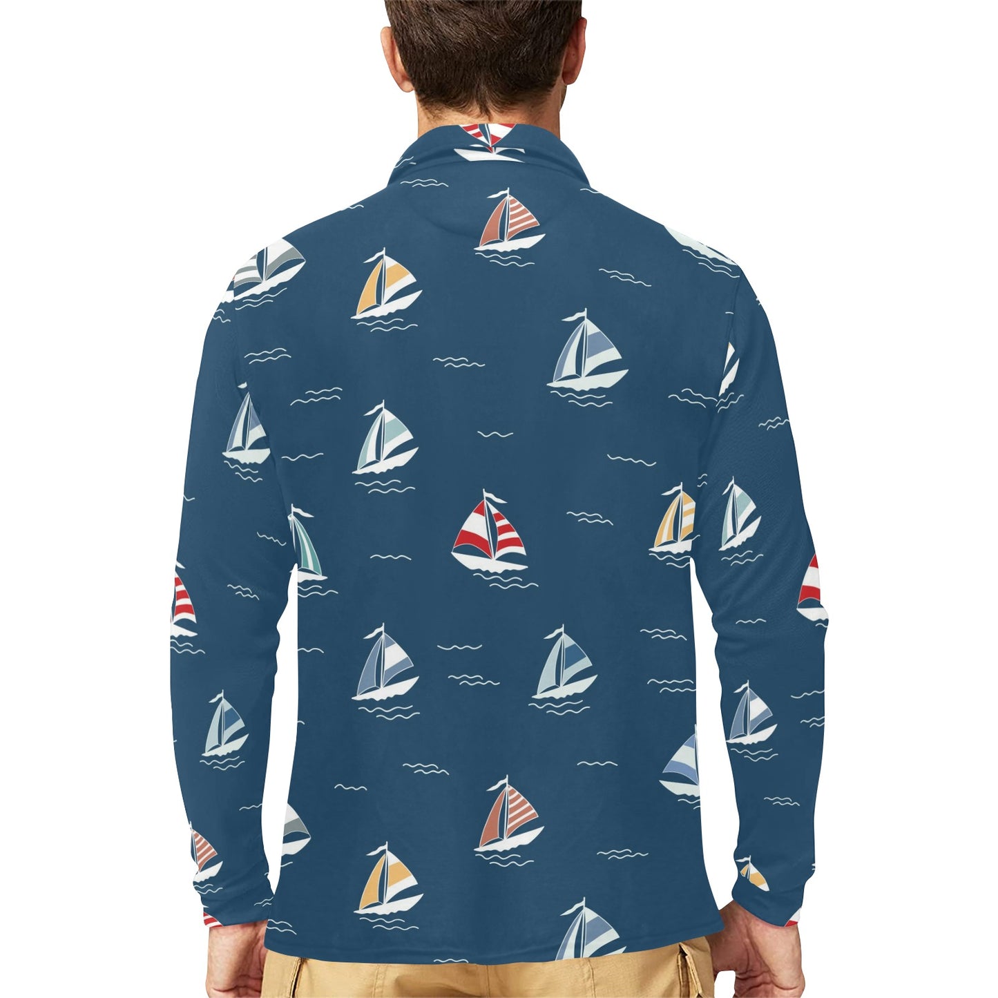 Sailing Ships Pattern Print Design A02 Long Sleeve Polo Shirt For Men's