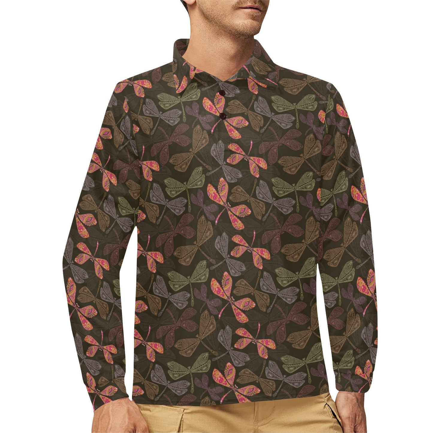 Dragonfly Pattern Print Design 02 Long Sleeve Polo Shirt For Men's