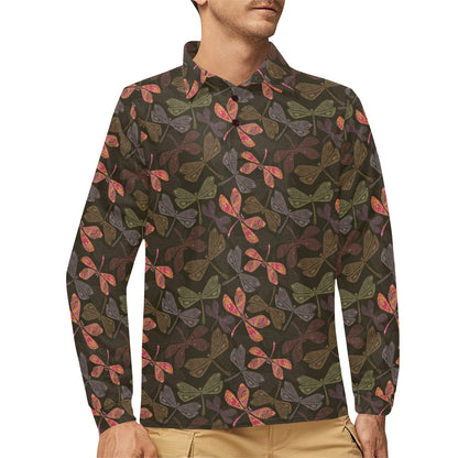 Dragonfly Pattern Print Design 02 Long Sleeve Polo Shirt For Men's
