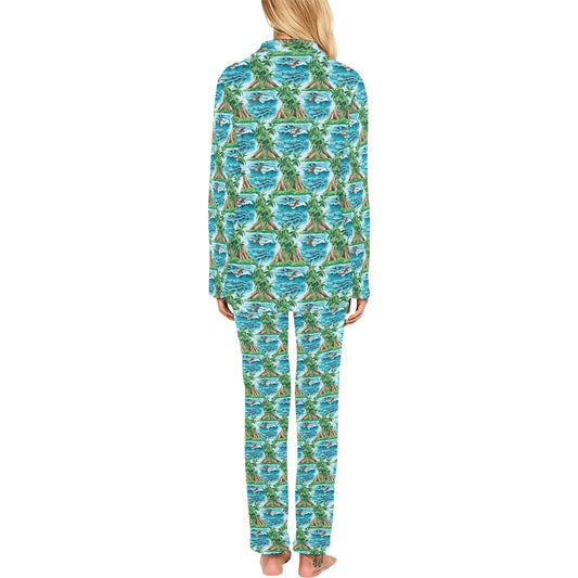 Palm Tree Hawaiian Themed Design Print Women's Long Pajama Set