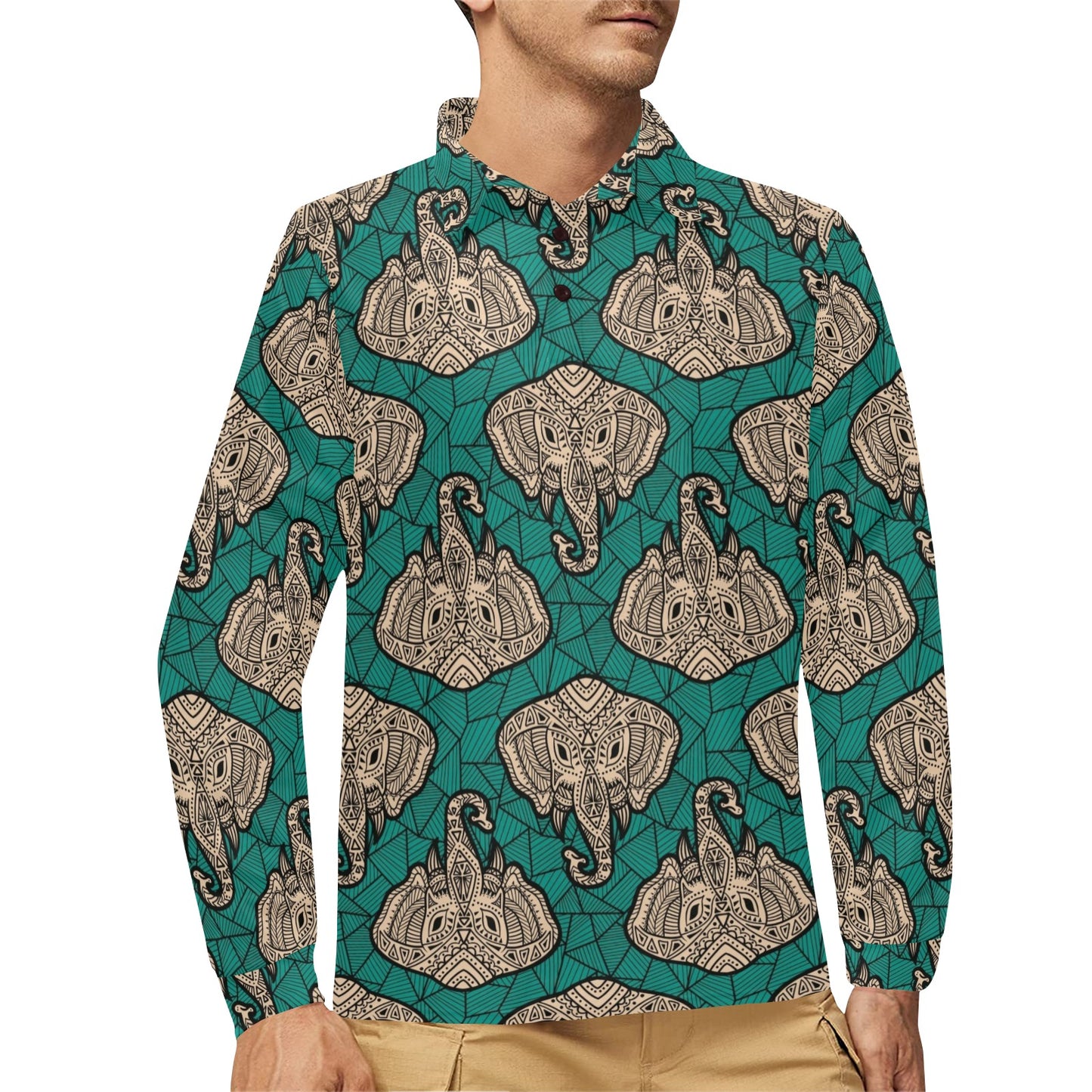 Boho Head Elephant Long Sleeve Polo Shirt For Men's