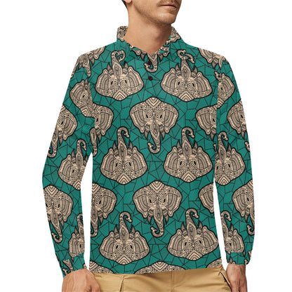 Boho Head Elephant Long Sleeve Polo Shirt For Men's