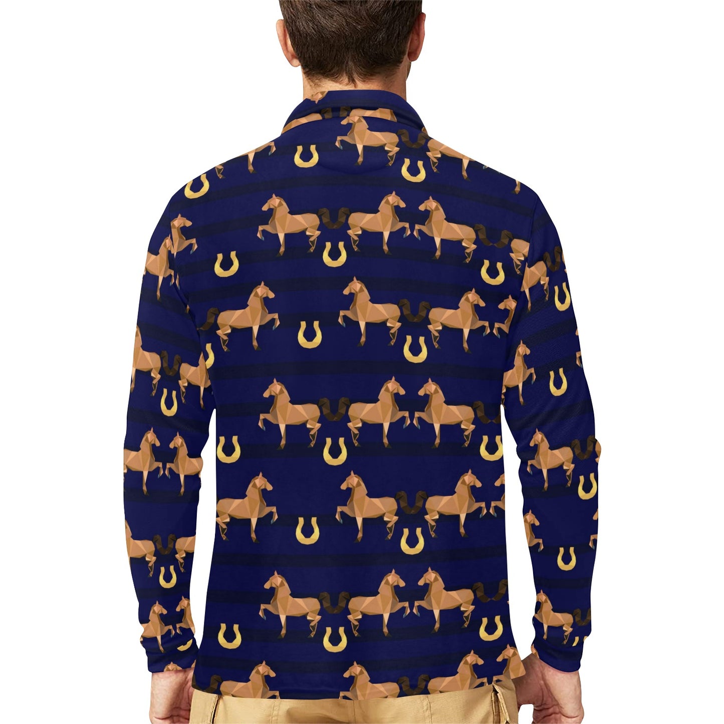 Horse Luxury Themed Pattern Print Long Sleeve Polo Shirt For Men's