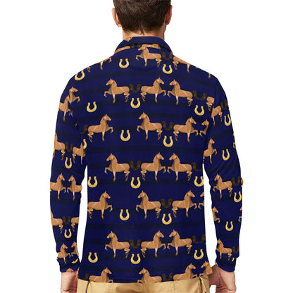 Horse Luxury Themed Pattern Print Long Sleeve Polo Shirt For Men's