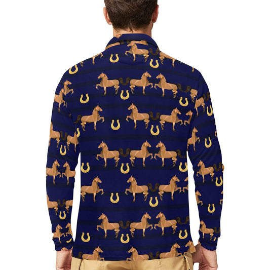 Horse Luxury Themed Pattern Print Long Sleeve Polo Shirt For Men's