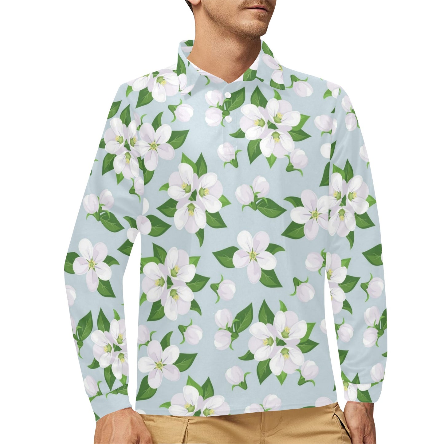 Apple blossom Pattern Print Design AB04 Long Sleeve Polo Shirt For Men's