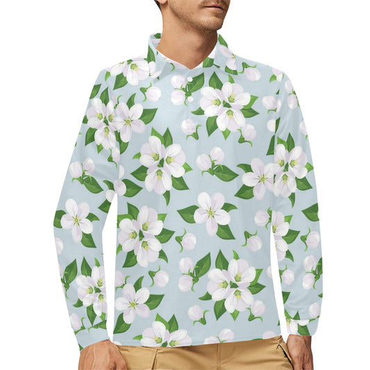 Apple blossom Pattern Print Design AB04 Long Sleeve Polo Shirt For Men's