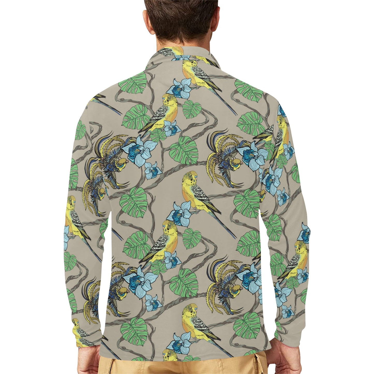 Parakeet Pattern Print Design A02 Long Sleeve Polo Shirt For Men's