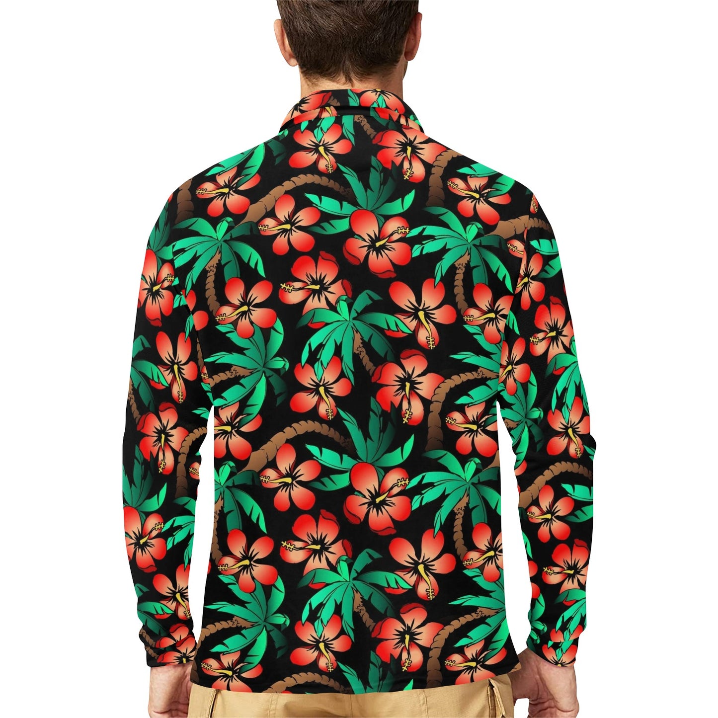 Hawaiian Themed Pattern Print Design H022 Long Sleeve Polo Shirt For Men's