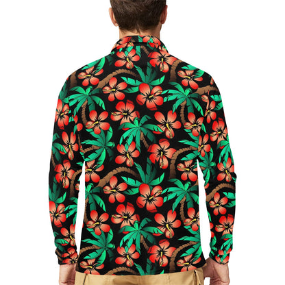 Hawaiian Themed Pattern Print Design H022 Long Sleeve Polo Shirt For Men's