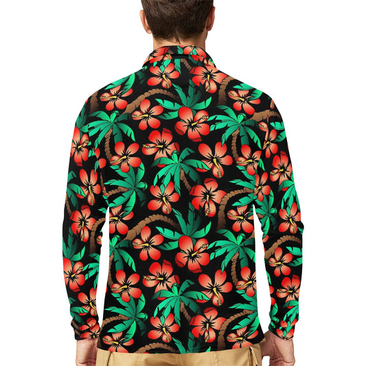 Hawaiian Themed Pattern Print Design H022 Long Sleeve Polo Shirt For Men's