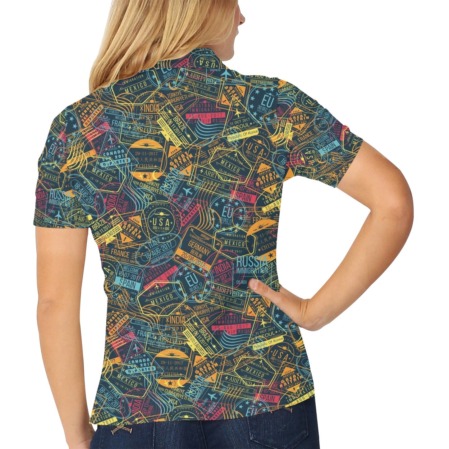 Travel Stamp Colorful Print Design LKS304 Women's Polo Shirt