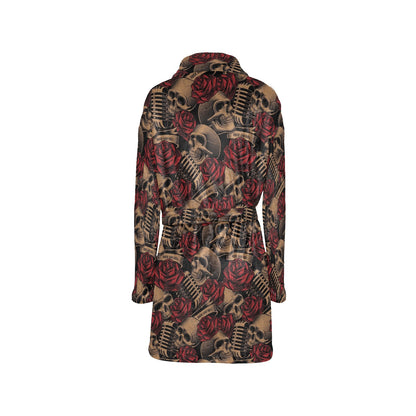 Microphone Skull Rose Pattern Print Design 02 Women's Fleece Robe