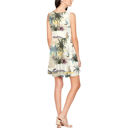 Palm Tree Beach Print Sleeveless Dress