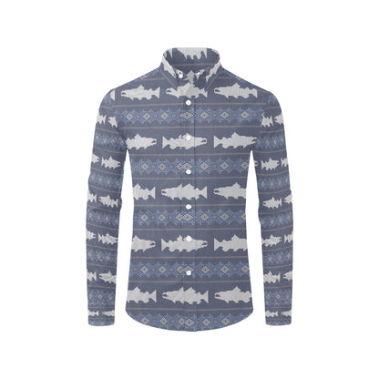 Salmon Fish Knit Style Print Design LKS304 Men's Long Sleeve Dress Shirt