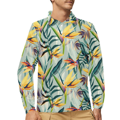 Tropical Flower Pattern Print Design TF022 Long Sleeve Polo Shirt For Men's