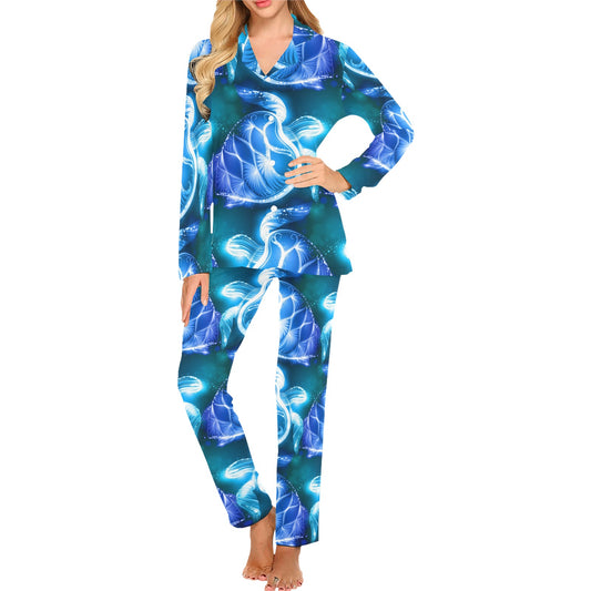 Blue Neon Sea Turtle Print Women's Long Pajama Set