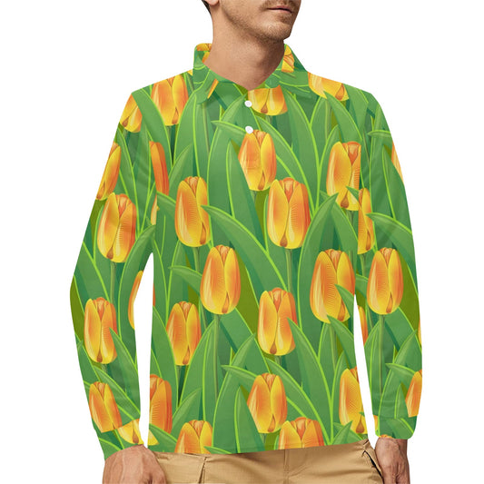 Tulip Orange Pattern Print Design TP07 Long Sleeve Polo Shirt For Men's