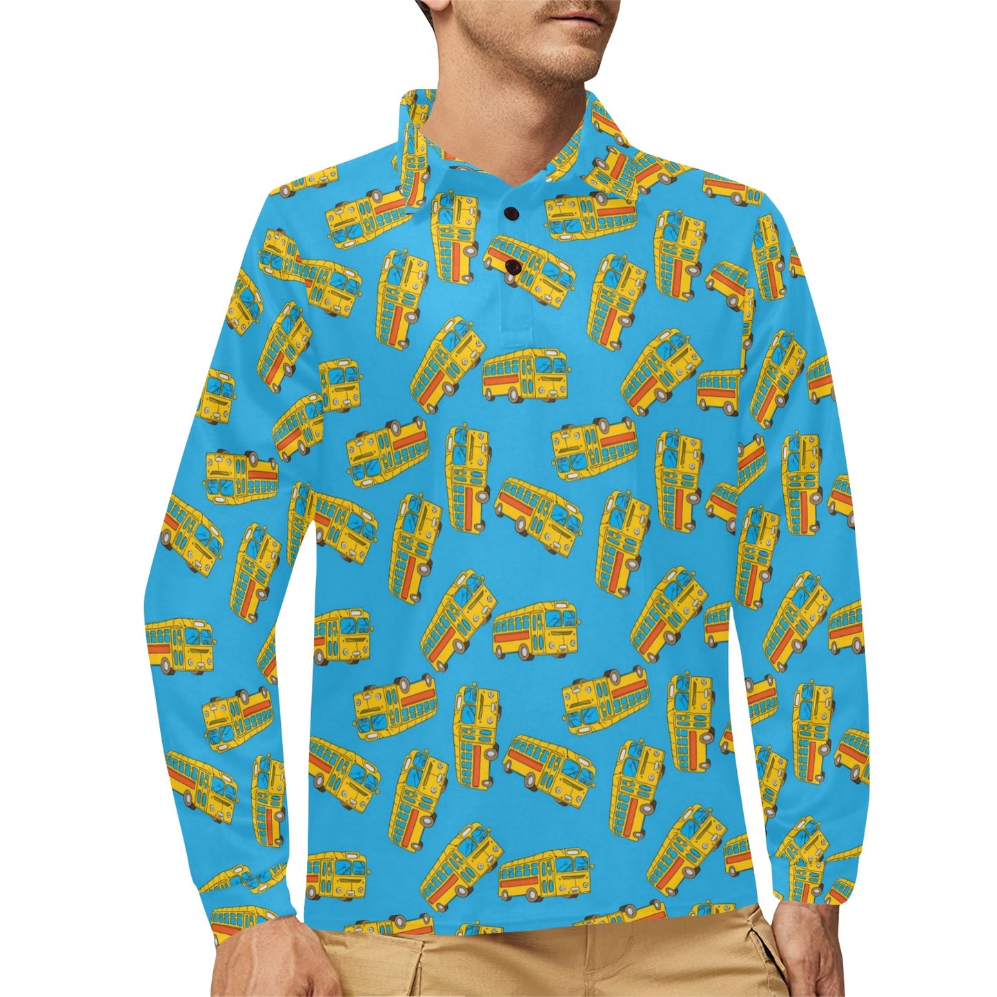 School Bus Print Design LKS302 Long Sleeve Polo Shirt For Men's