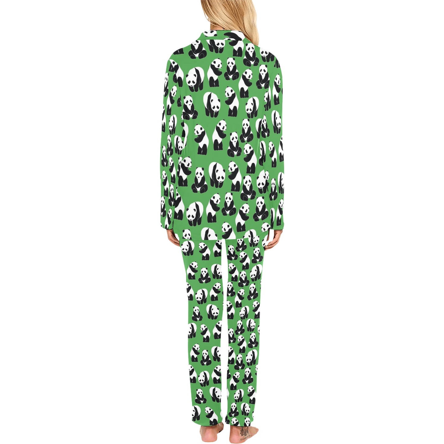 Panda Bear Pattern Themed Print Women's Long Pajama Set
