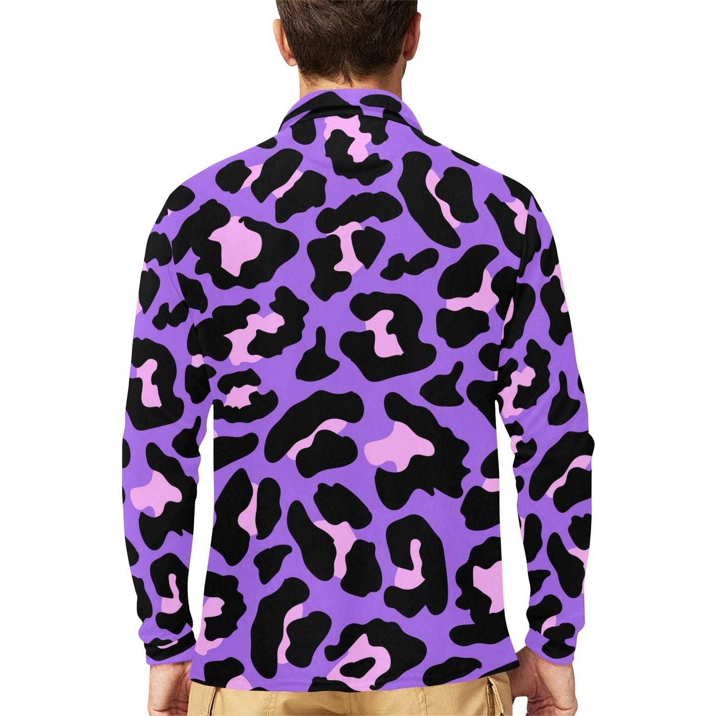 Cheetah Purple Neon Print Pattern Long Sleeve Polo Shirt For Men's