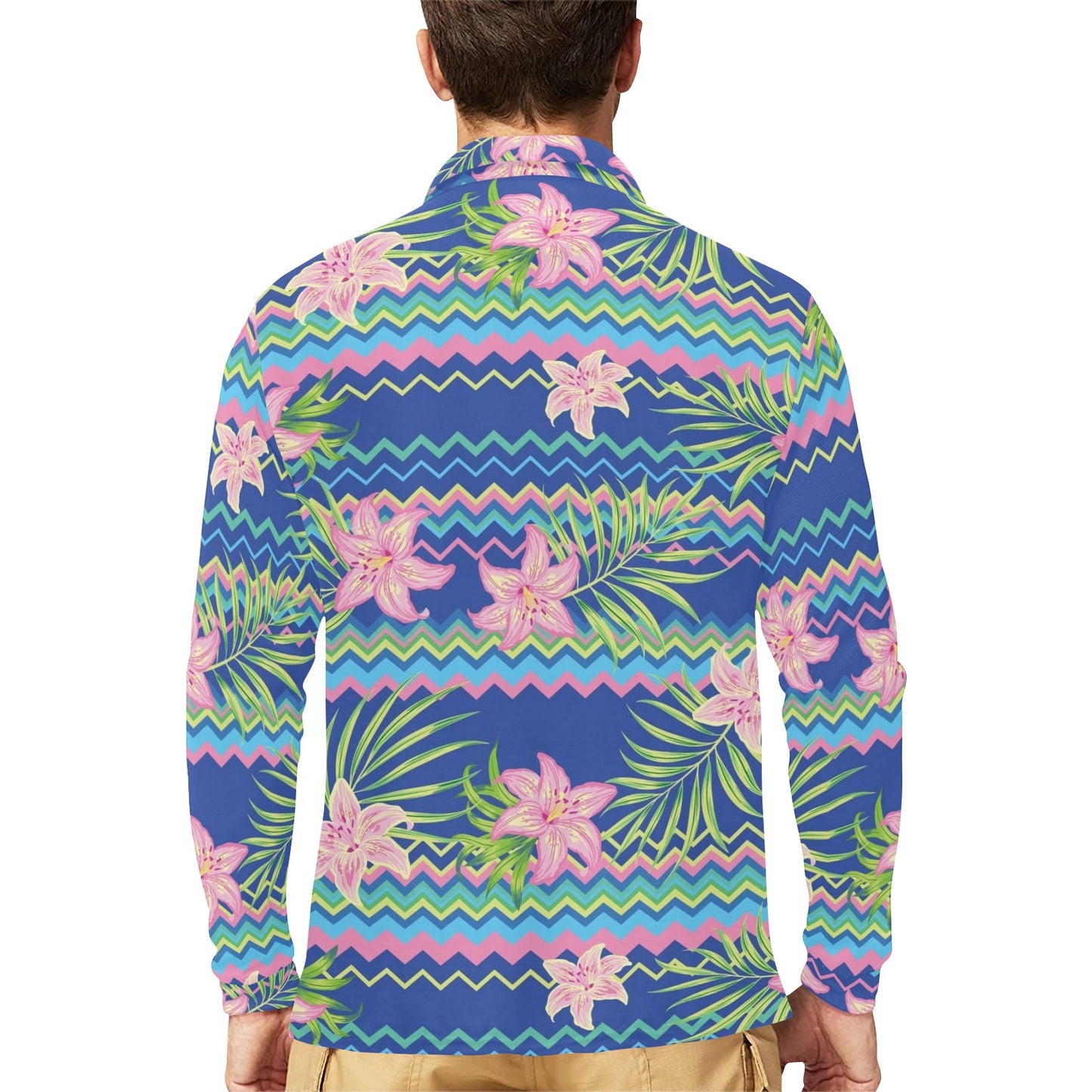 Lily Pattern Print Design LY015 Long Sleeve Polo Shirt For Men's
