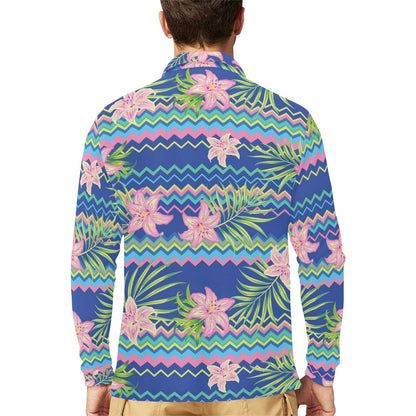 Lily Pattern Print Design LY015 Long Sleeve Polo Shirt For Men's