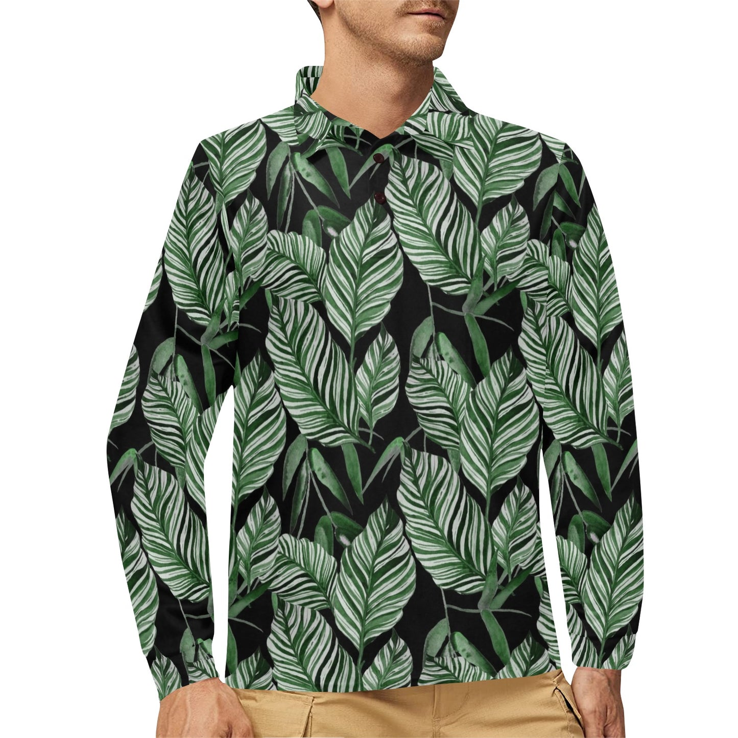 Palm Leaves Pattern Print Design PL09 Long Sleeve Polo Shirt For Men's