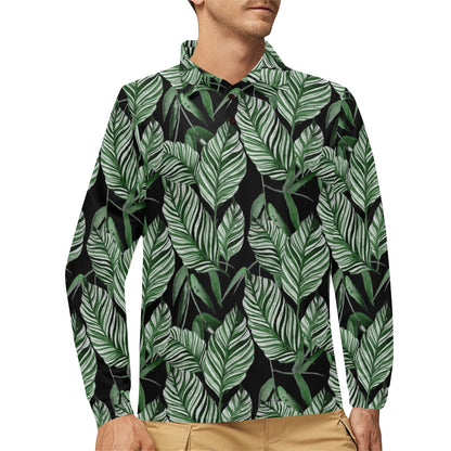 Palm Leaves Pattern Print Design PL09 Long Sleeve Polo Shirt For Men's
