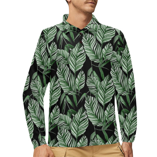 Palm Leaves Pattern Print Design PL09 Long Sleeve Polo Shirt For Men's