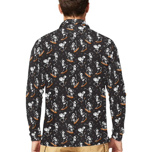 Skateboard With Skeleton Print Design LKS303 Long Sleeve Polo Shirt For Men's