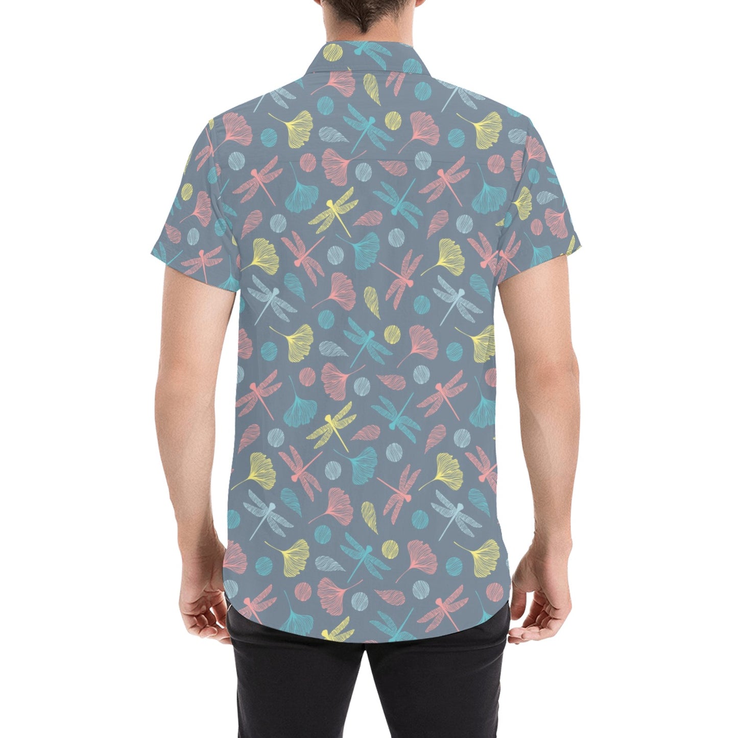 Dragonfly Print Design LKS403 Men Short Sleeve Button Up Shirt