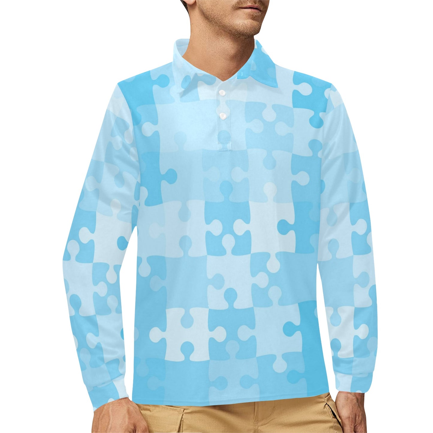 Puzzle Blue Pattern Print Design A04 Long Sleeve Polo Shirt For Men's