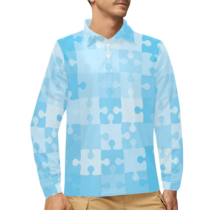 Puzzle Blue Pattern Print Design A04 Long Sleeve Polo Shirt For Men's