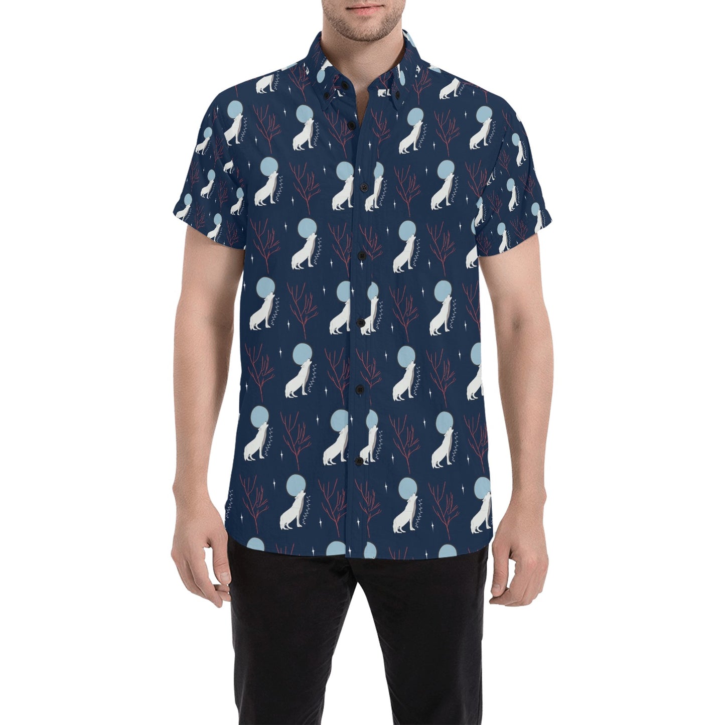 Wolf Moon Print Design LKS304 Men Short Sleeve Button Up Shirt