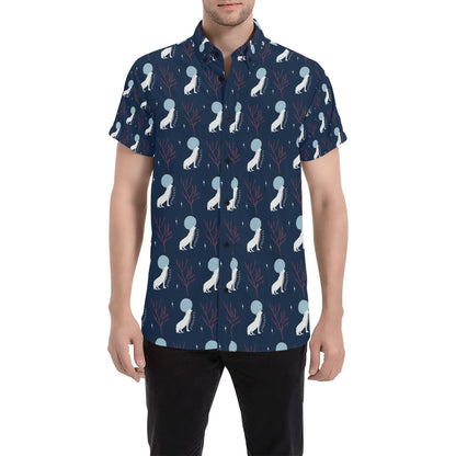 Wolf Moon Print Design LKS304 Men Short Sleeve Button Up Shirt