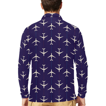 Airplane Pattern Print Design 03 Long Sleeve Polo Shirt For Men's