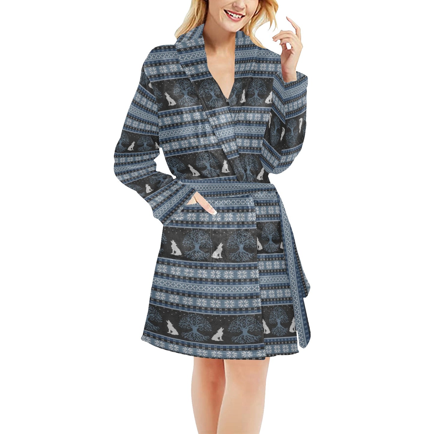 Wolf Tree of Life Knit Design Print Women's Fleece Robe