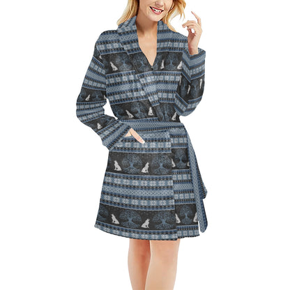 Wolf Tree of Life Knit Design Print Women's Fleece Robe