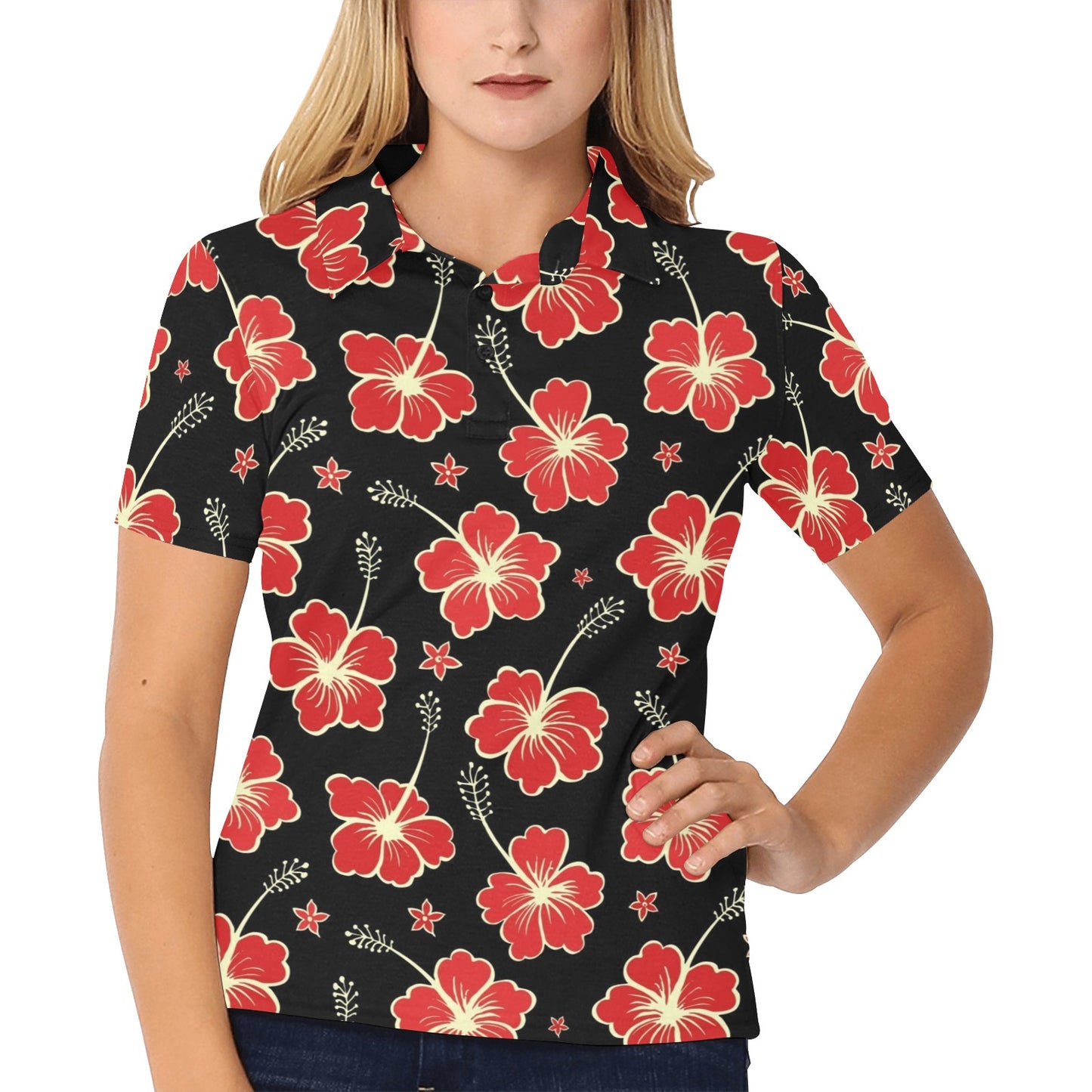 Red Hibiscus Pattern Print Design HB021 Women's Polo Shirt