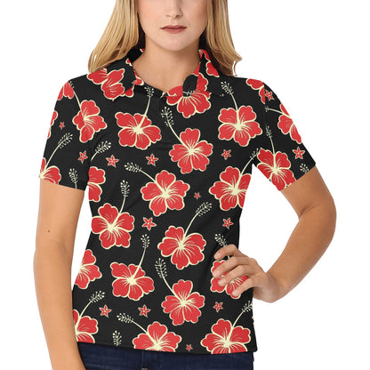 Red Hibiscus Pattern Print Design HB021 Women's Polo Shirt