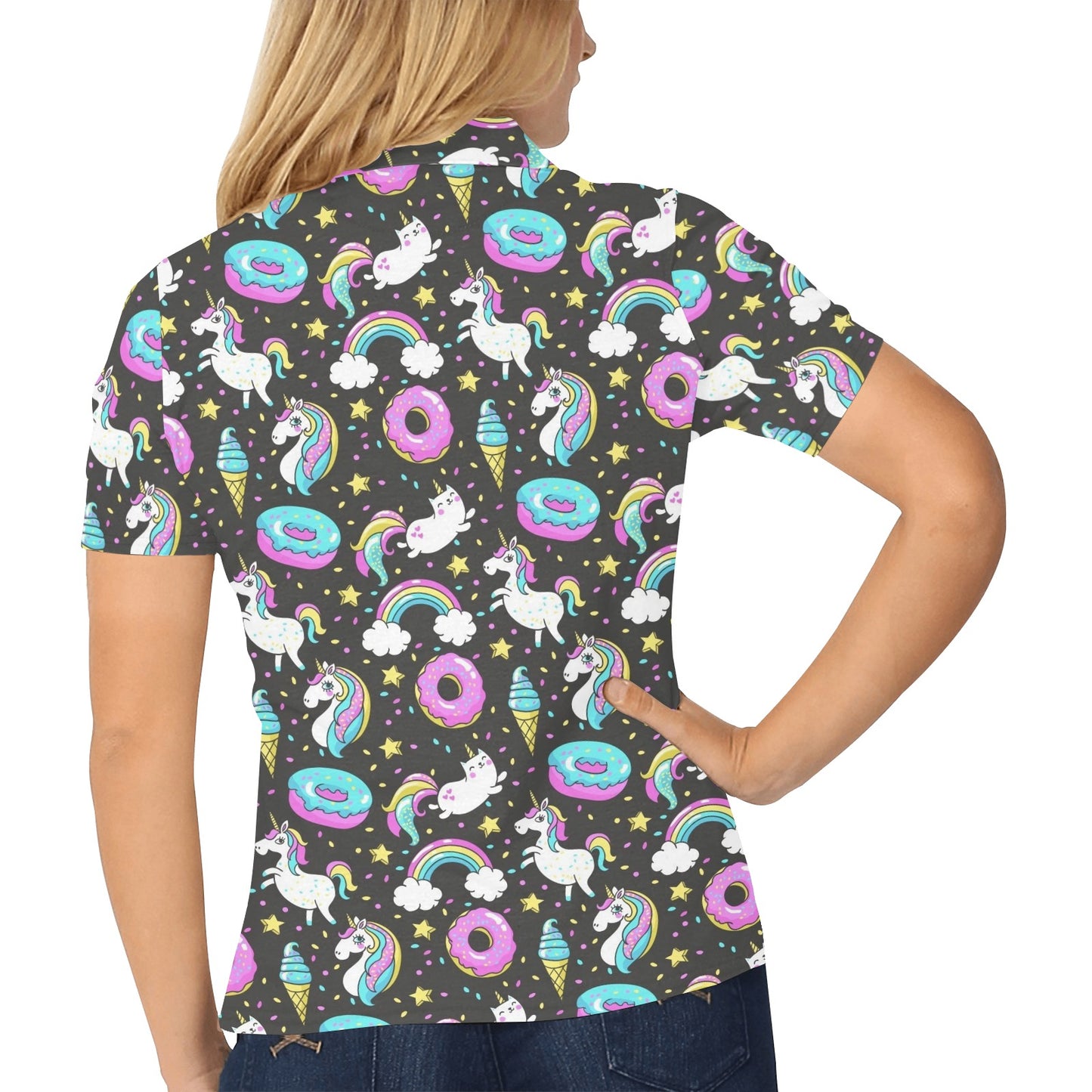 Donut Unicorn Pattern Print Design DN09 Women's Polo Shirt