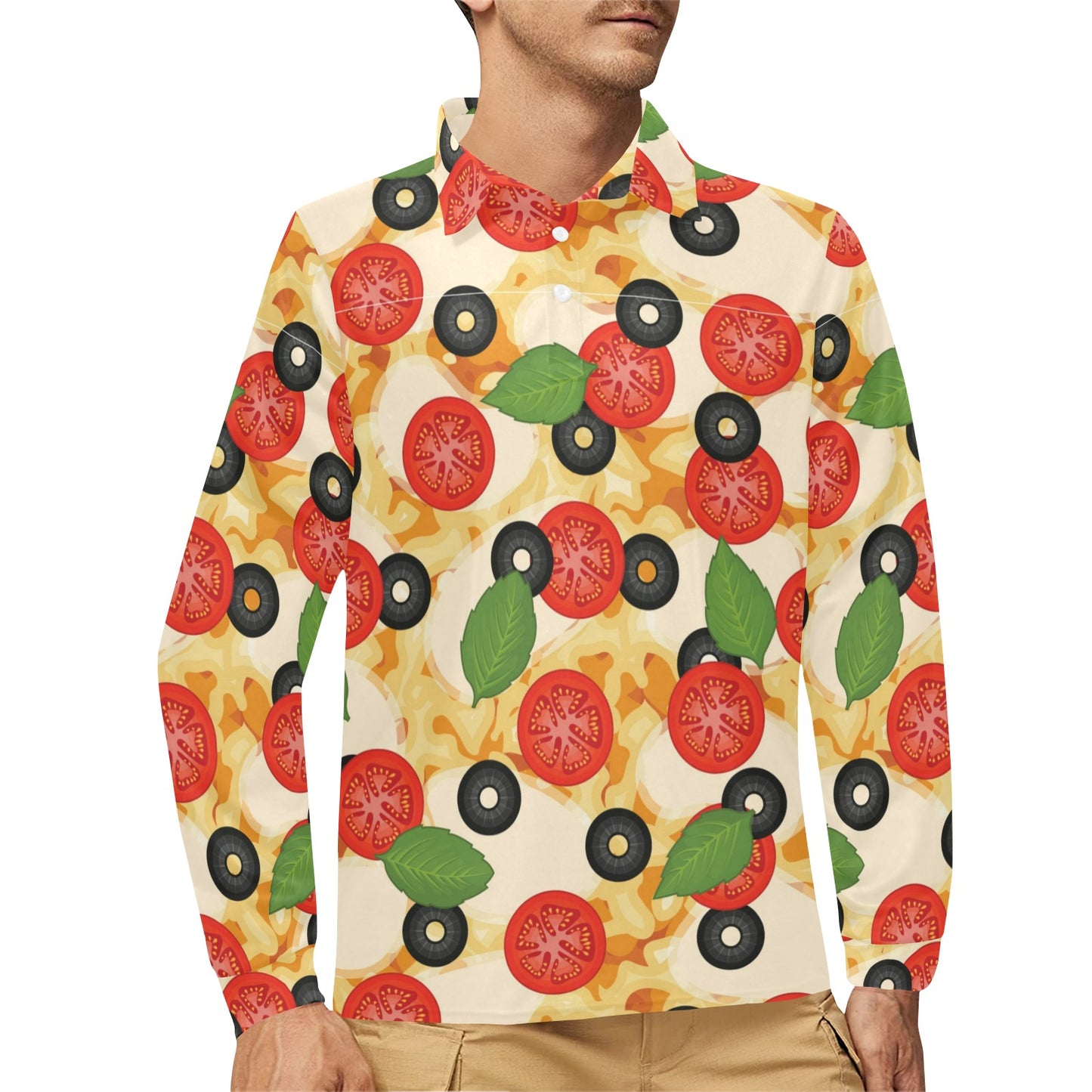 Pizza Pattern Print Design A05 Long Sleeve Polo Shirt For Men's