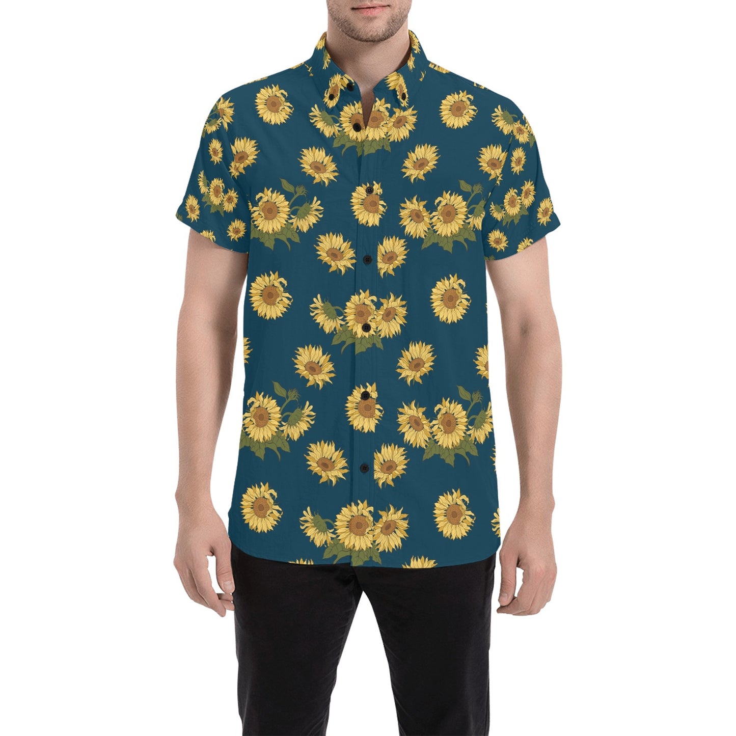 Sunflower Print Design LKS305 Men Short Sleeve Button Up Shirt