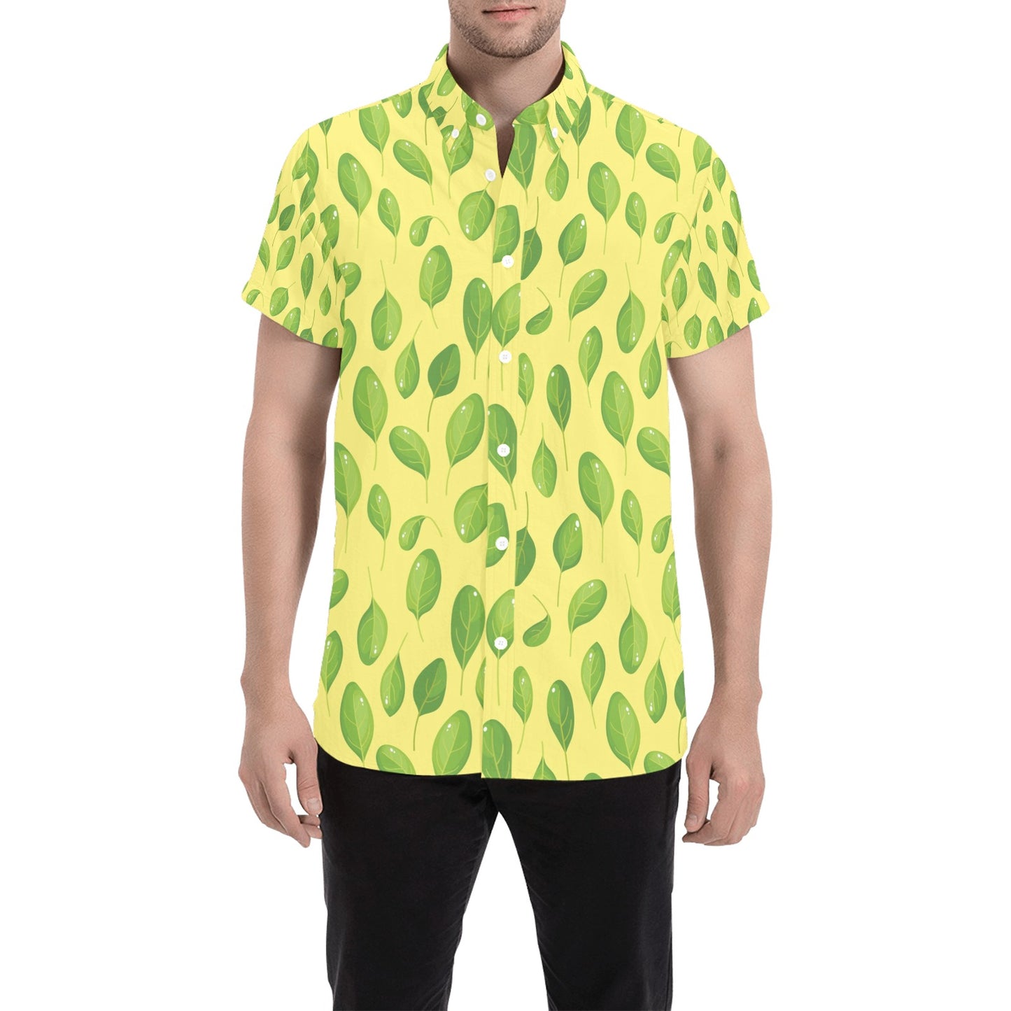 Spinach Print Design LKS302 Men Short Sleeve Button Up Shirt