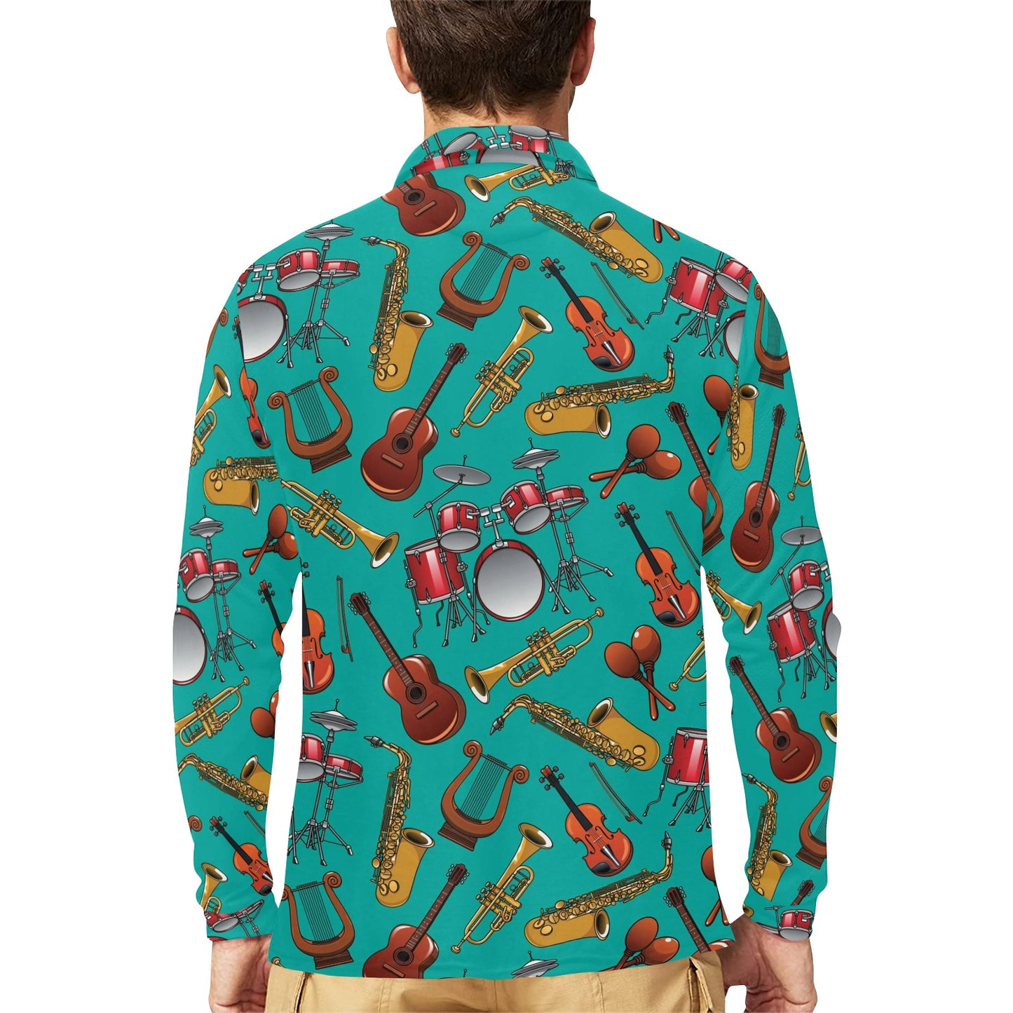Drum Set Pattern Print Design 01 Long Sleeve Polo Shirt For Men's