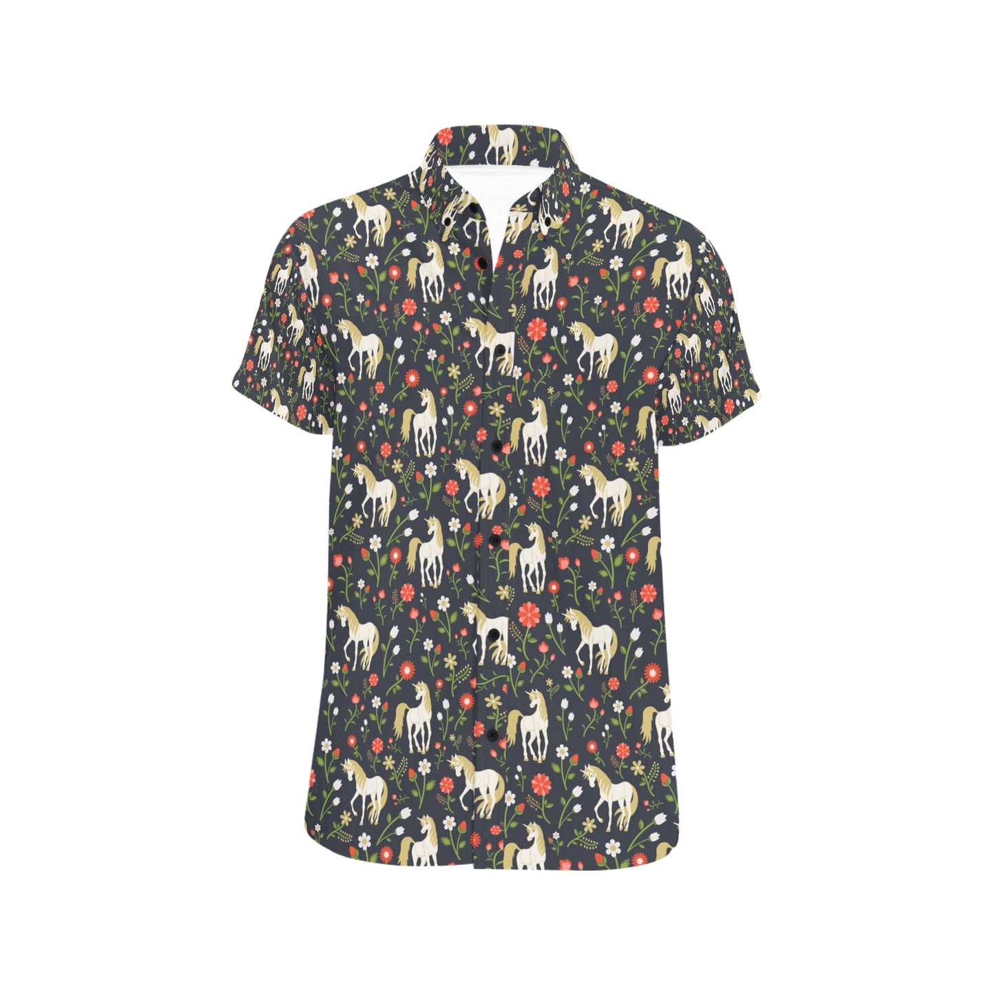 Unicorn Print Design LKS301 Men Short Sleeve Button Up Shirt