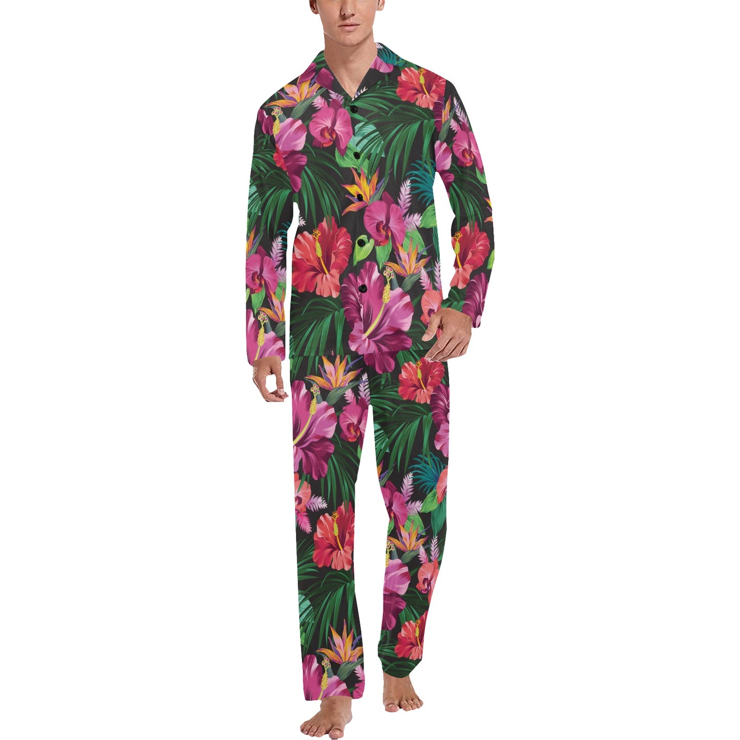 Hawaiian Flower Hibiscus tropical Men's Long Pajama Set